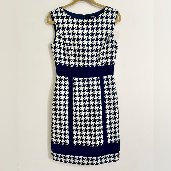 ALEX MARIE Sleeveless Navy Beige Houndstooth Midi Dress Size 4 Career Fall‎ - Picture 2 of 13